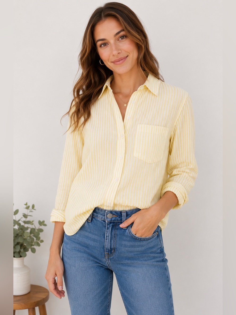 Banana Republic Yellow Stripe Button-Up Shirt Petite SP Women’s